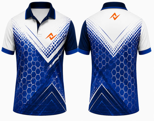 Premium white and royal blue Hexa Shield cricket jersey front and back with orange chest logo, blue honeycomb hexagon graphics, V-chevron design, V-neck polo collar sublimation cricket jersey