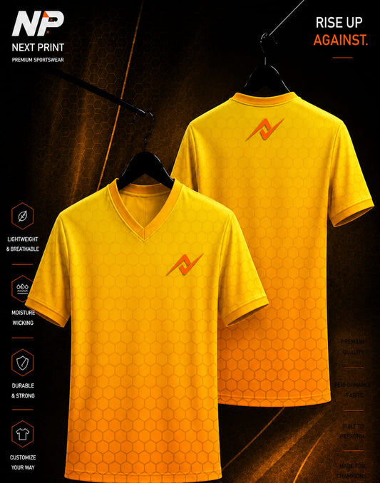 Premium yellow honeycomb gradient V-neck sublimation sports jersey front and back mockup with Next Print logo.