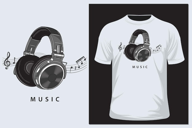 Print on a T-shirt with headphones. Prints for clothes, postcards, wallpapers, T-shirts