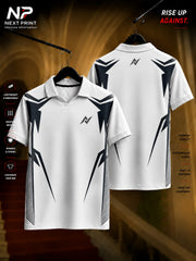 White polo sports jersey with bold black angular graphics, premium dry-fit performance fabric, front and back view.