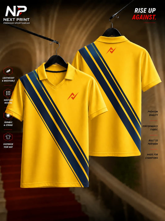 Front and back view of a Pro Yellow & Navy Diagonal Stripe Polo Sports Jersey featuring bold navy racing stripes on a bright yellow base with a polo V-neck collar.