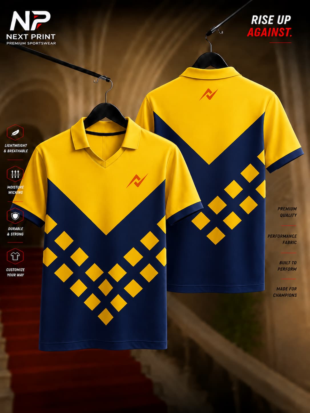 Front and back view of a Pro Yellow & Navy Elite Chevron Polo Sports Jersey featuring a bold navy chevron design with geometric diamond accents and a polo V-neck collar.