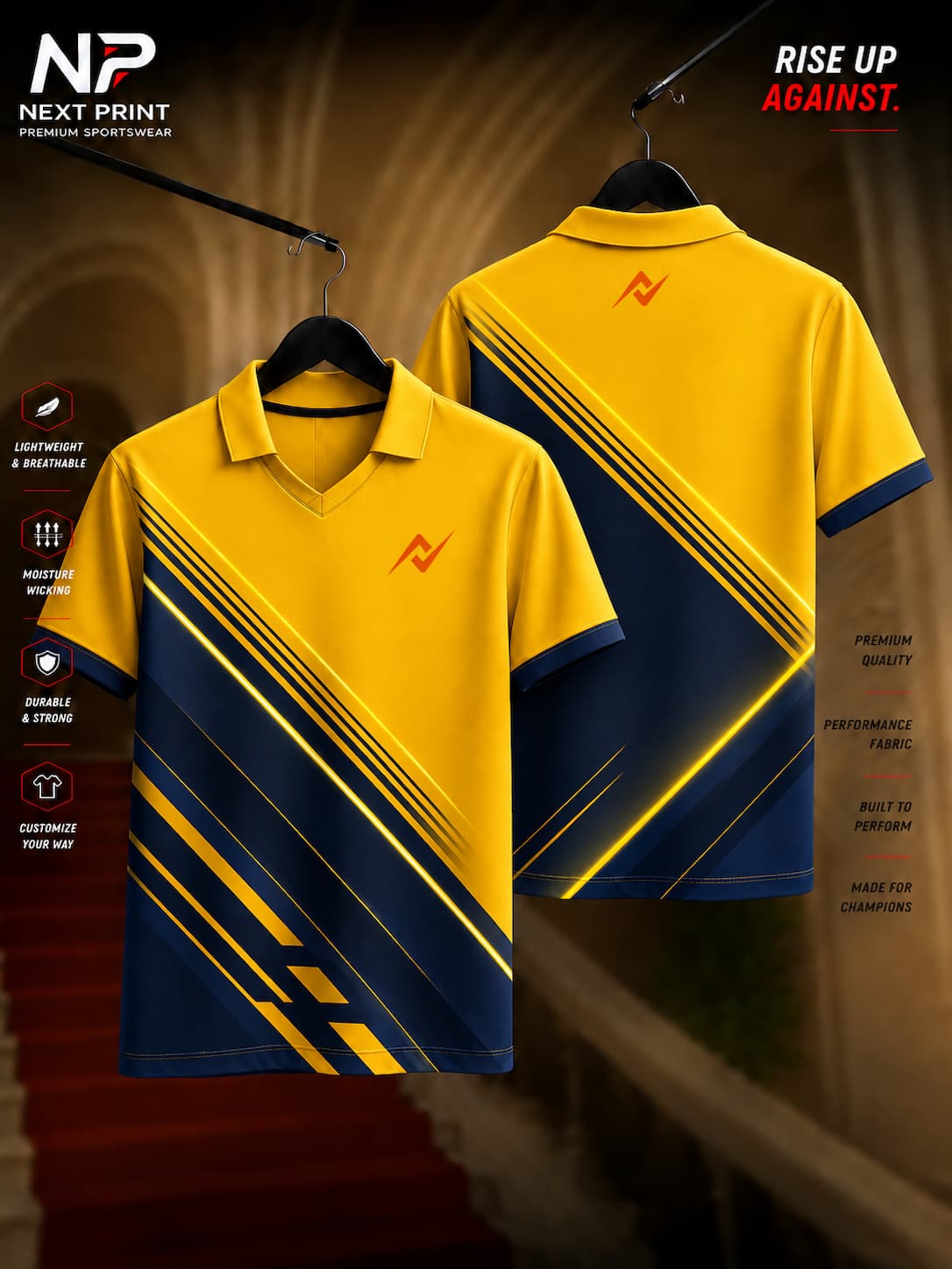 Front and back view of a Pro Yellow & Navy Velocity Edge Polo Sports Jersey featuring bold diagonal geometric panels, angular stripe graphics, and a premium polo V-neck collar.