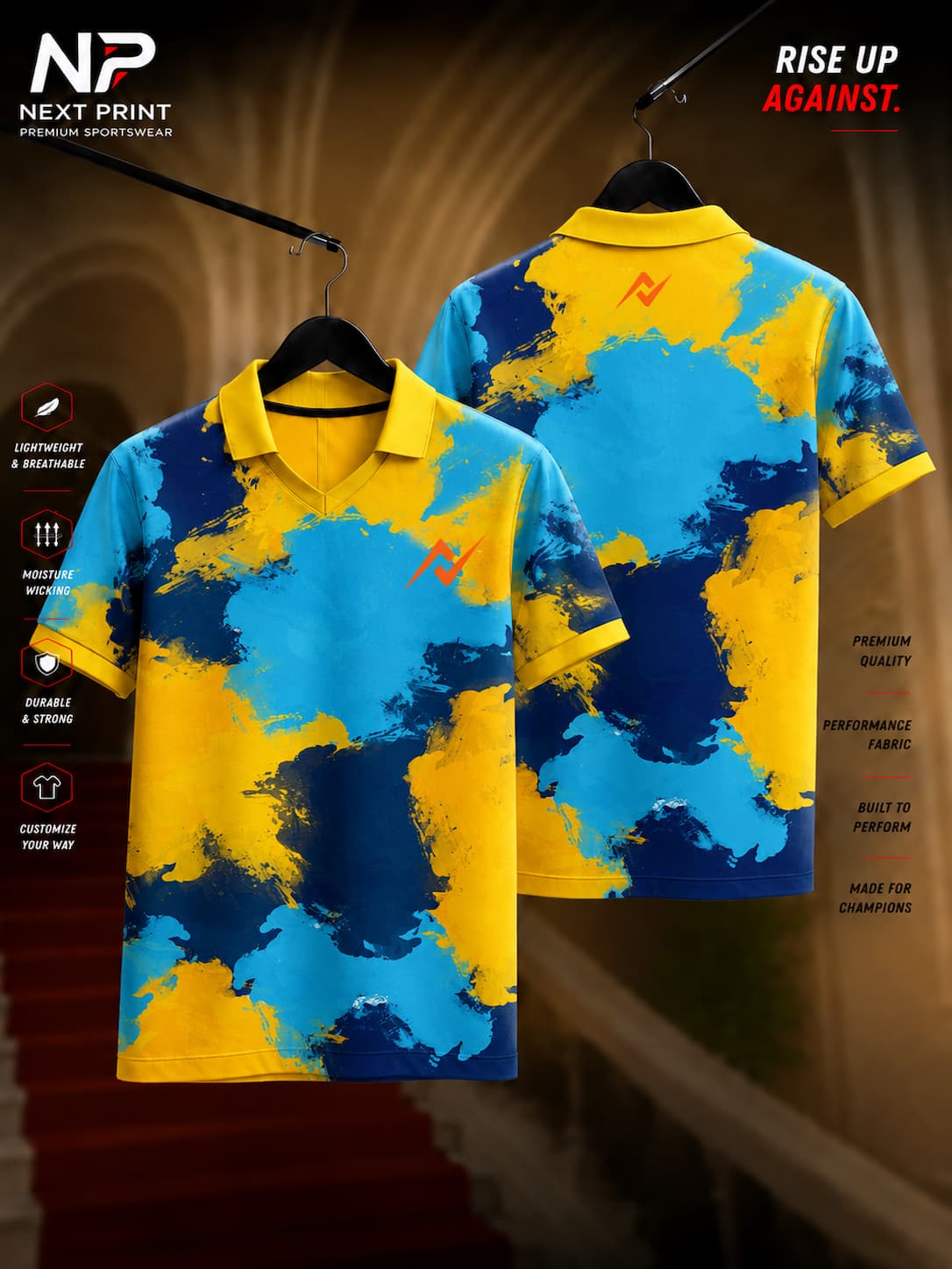 Front and back view of a Pro Yellow & Ocean Blue Abstract Polo Sports Jersey featuring bold abstract paint graphics with a polo V-neck collar.