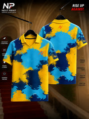 Front and back view of a Pro Yellow & Ocean Blue Abstract Polo Sports Jersey featuring bold abstract paint graphics with a polo V-neck collar.