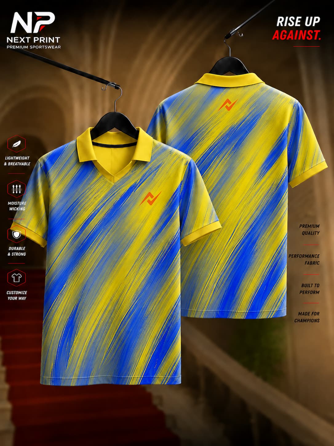 Front and back view of a Pro Yellow & Royal Blue Brushstroke Polo Sports Jersey featuring dynamic diagonal brushstroke graphics and a polo V-neck collar.