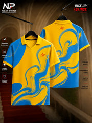 Front and back view of a Pro Yellow & Royal Blue Wave Polo Sports Jersey featuring abstract flowing blue wave graphics on a vibrant yellow background with a polo V-neck collar.