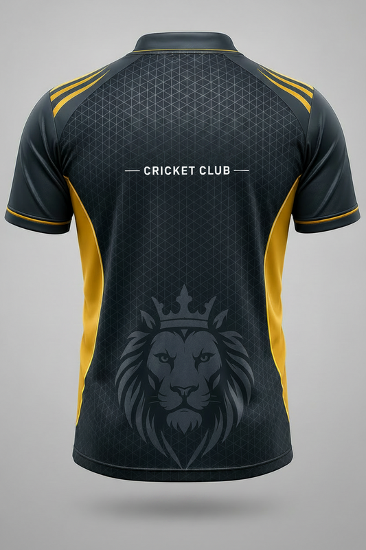 Black and yellow cricket jersey with 'Mumbai Indian Cricket Club' text on a gray background