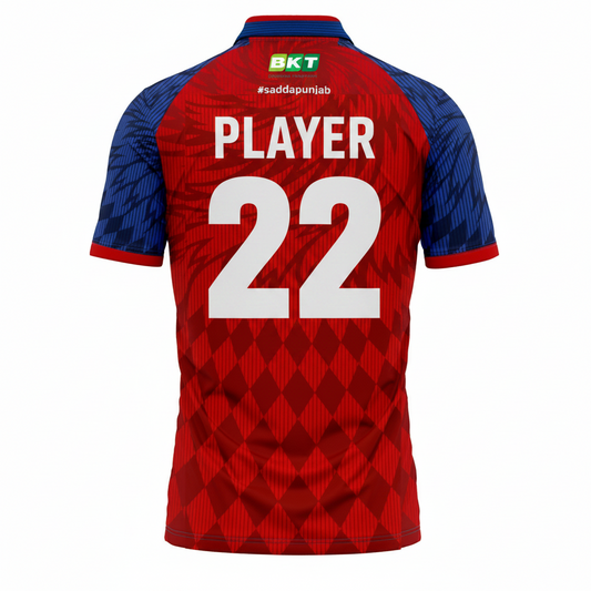 Red blue cricket jersey front view India breathable custom sports t shirt