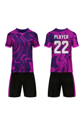 Purple and black abstract sports jersey with matching shorts front and back view custom football cricket and esports team uniform