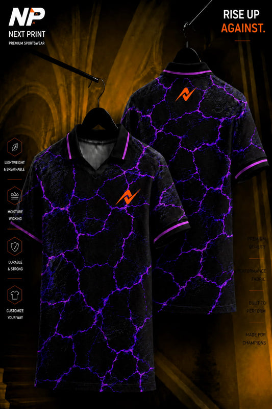 Front and back view of a black polo sports jersey featuring vibrant purple electric crack graphics on premium dry-fit performance fabric.