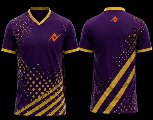 Front and back view of a purple and gold V-neck cricket jersey featuring geometric dot graphics, diagonal gold stripes, an orange chest logo, and an upper back logo.