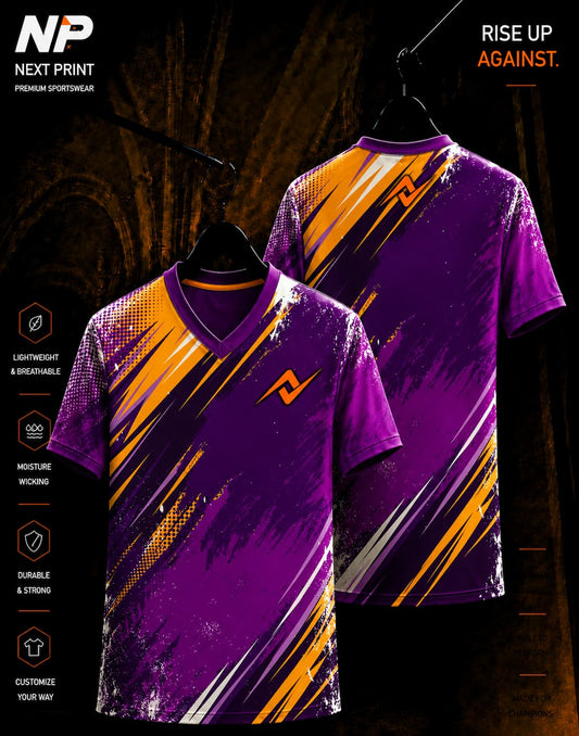 Purple and orange abstract brush sublimation V-neck sports jersey front and back view by Next Print