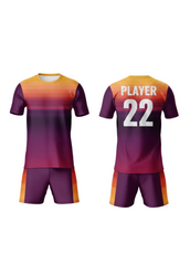 Purple and orange gradient custom sports jersey with matching shorts for cricket, football and volleyball team uniform sublimation printing front and back view