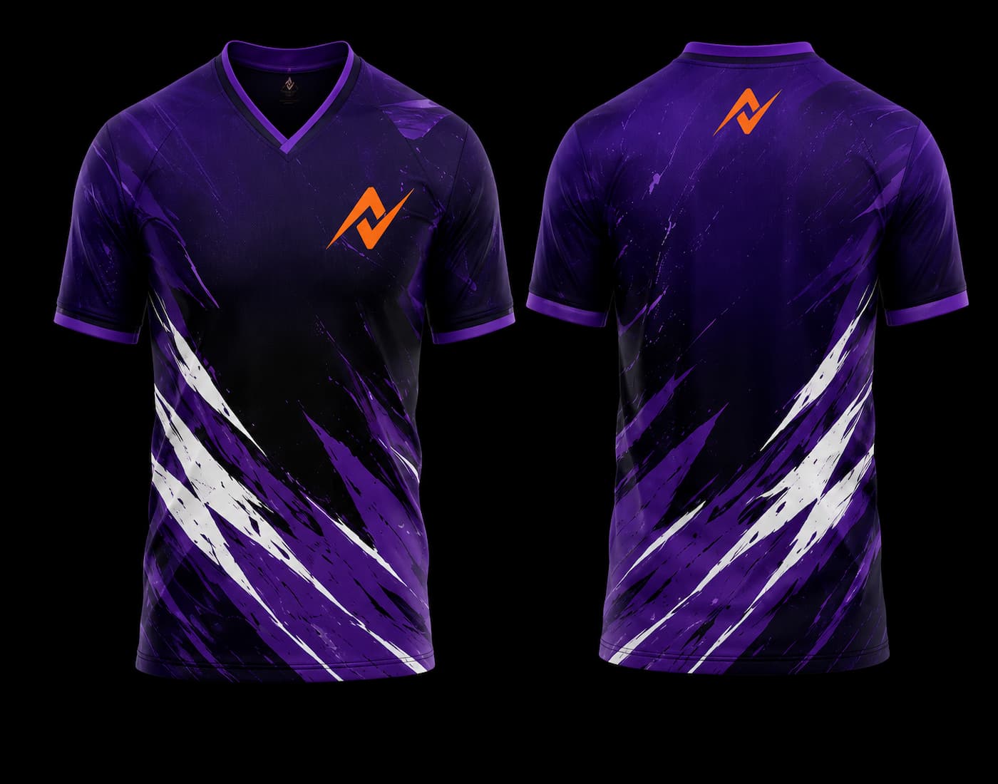 Front and back view of a purple V-neck esports jersey featuring white brushstroke graphics with an orange logo on the chest and below the back neckline.