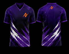 Front and back view of a purple V-neck esports jersey featuring white brushstroke graphics with an orange logo on the chest and below the back neckline.