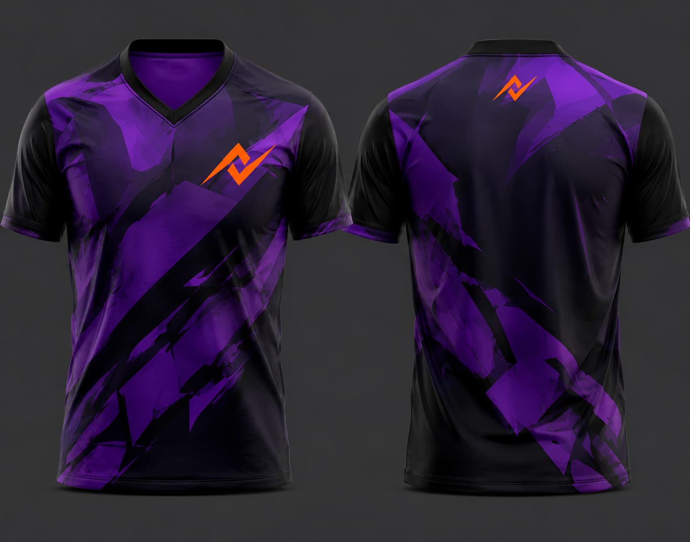 Front and back view of a black and purple V-neck cricket jersey featuring abstract geometric graphics with an orange chest logo and back neck logo.