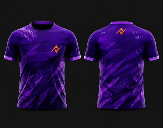 Front and back view of a purple round neck cricket jersey with abstract geometric graphics and orange logo, customizable cricket team sports jersey.