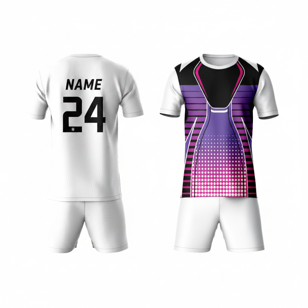 Purple athletic sports t-shirt with white shorts back side view