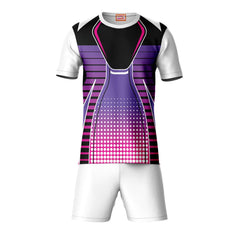 Purple sports t-shirt with white shorts coord set front view for men