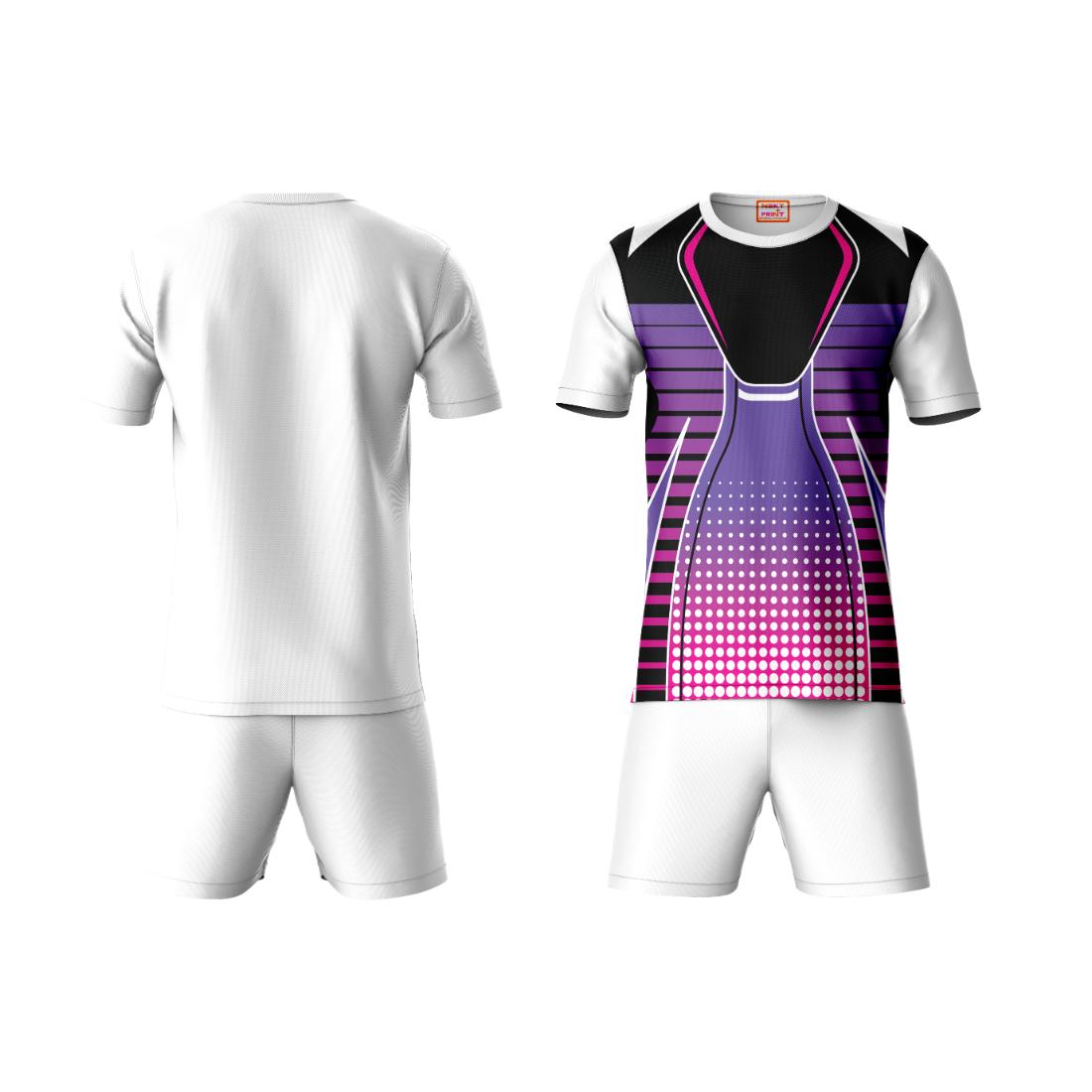 Premium purple sportswear coord set with white shorts side angle view