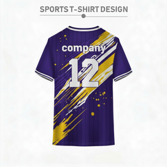 Purple and yellow sports t-shirt back design with dynamic brush stroke pattern for custom cricket and team jersey printing by NextPrint India.