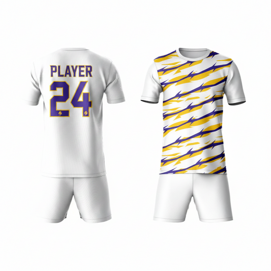 Purple yellow athletic coord set back side with white shorts