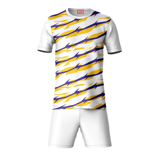 Purple yellow striped sports t-shirt with white shorts coord set front view for men
