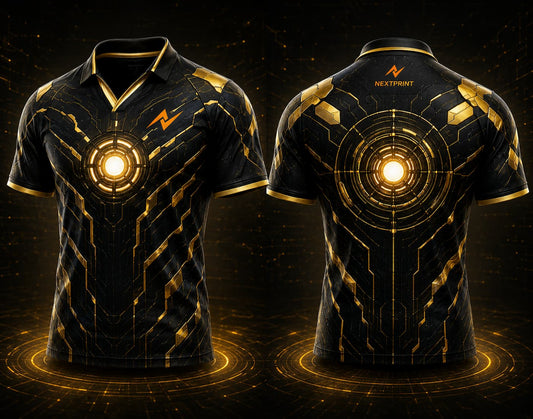 Front and back view of Quantum Strike black and gold V-neck esports polo jersey featuring a glowing reactor core design with side chest logo and back neck logo placement.