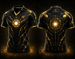 Front and back view of Quantum Strike black and gold V-neck esports polo jersey featuring a glowing reactor core design with side chest logo and back neck logo placement.