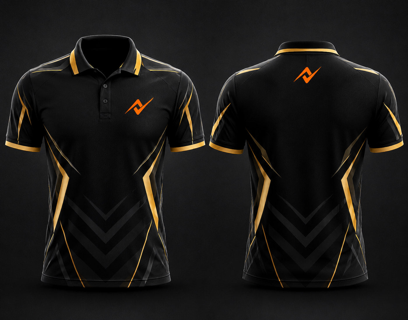 Premium black and gold cricket polo collar jersey front and back view with logo on side chest and back neck.