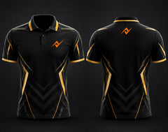 Premium black and gold cricket polo collar jersey front and back view with logo on side chest and back neck.