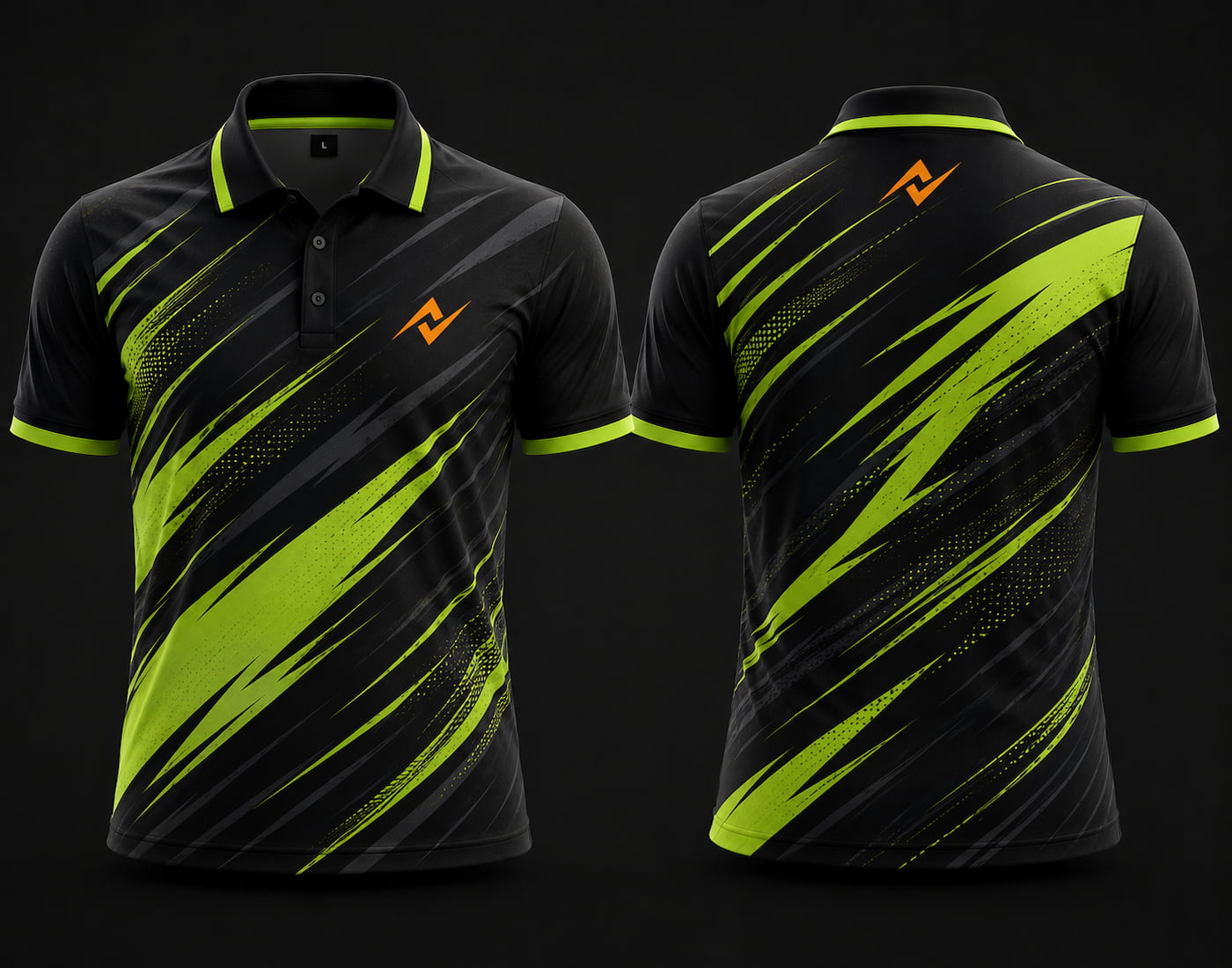 Premium black and neon green cricket polo collar jersey front and back view featuring logo placement on side chest and back neck area.
