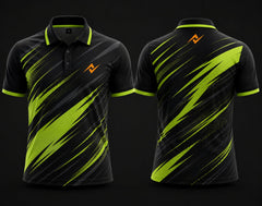 Premium black and neon green cricket polo collar jersey front and back view featuring logo placement on side chest and back neck area.