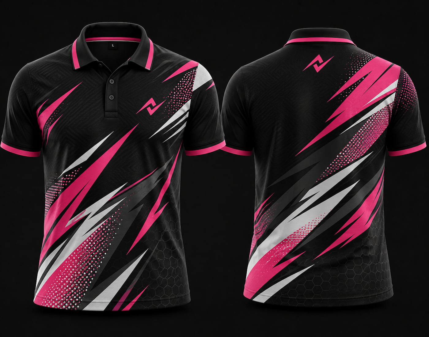 Premium black, pink, and white cricket polo collar jersey front and back view featuring logo placement on side chest and back neck area.