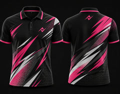 Premium black, pink, and white cricket polo collar jersey front and back view featuring logo placement on side chest and back neck area.