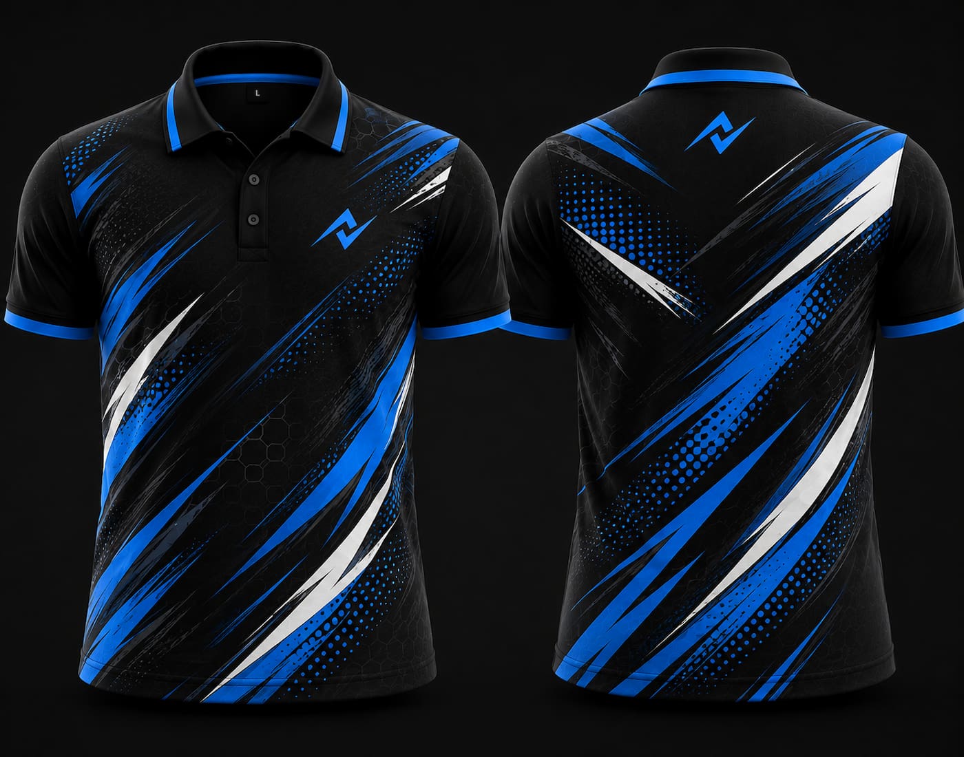 Premium black, royal blue, and white cricket polo collar jersey front and back view with logo on side chest and back neck placement.