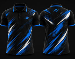 Premium black, royal blue, and white cricket polo collar jersey front and back view with logo on side chest and back neck placement.