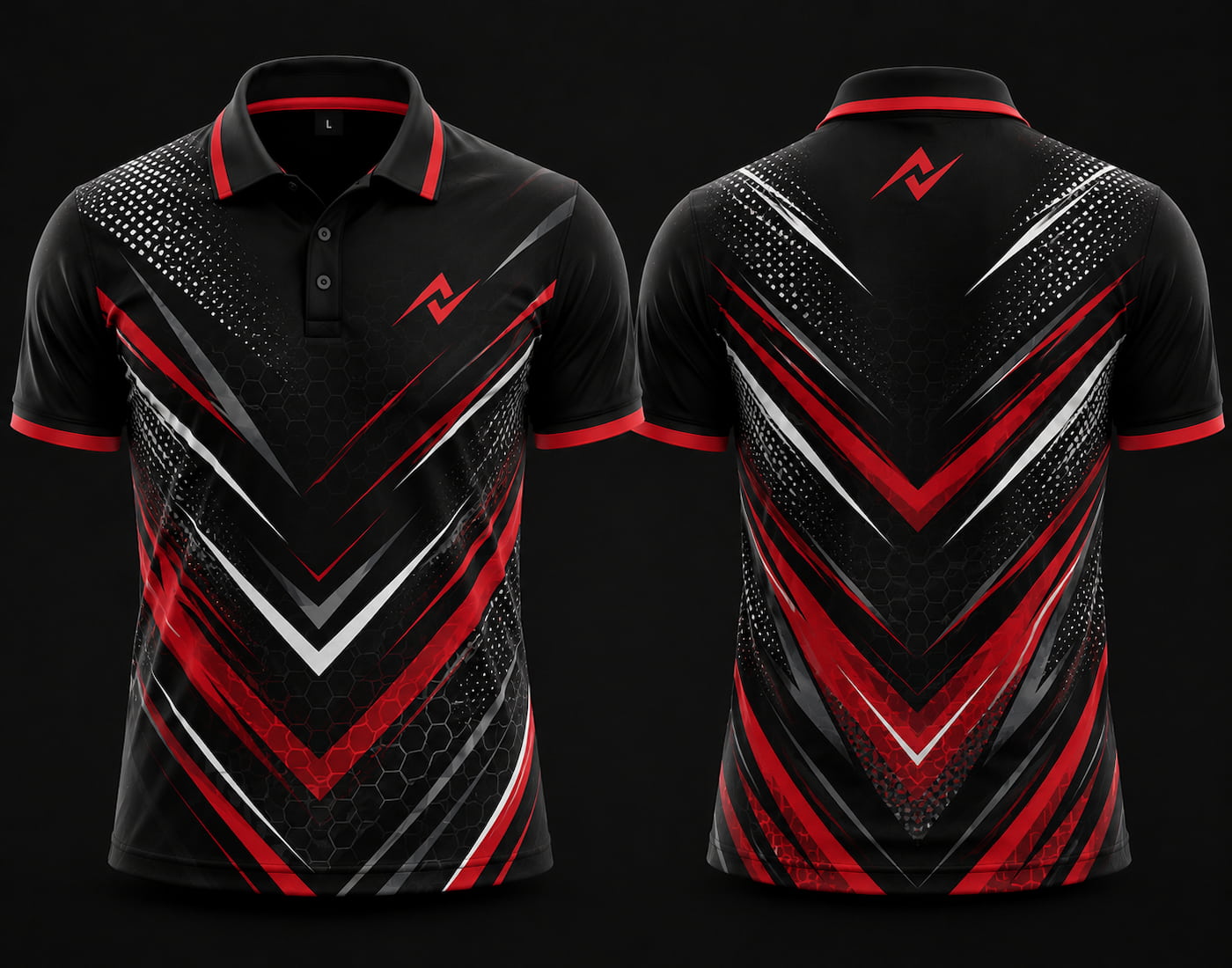 Premium black, red, and white chevron cricket polo collar jersey front and back view with logo placement on side chest and back neck area.