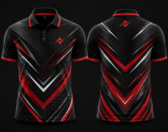 Premium black, red, and white chevron cricket polo collar jersey front and back view with logo placement on side chest and back neck area.