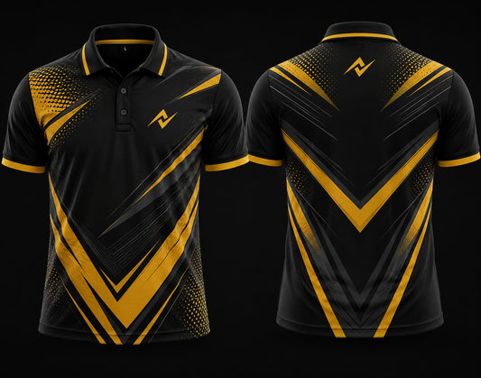 Premium black and gold chevron cricket polo collar jersey front and back view featuring logo placement on side chest and back neck area.
