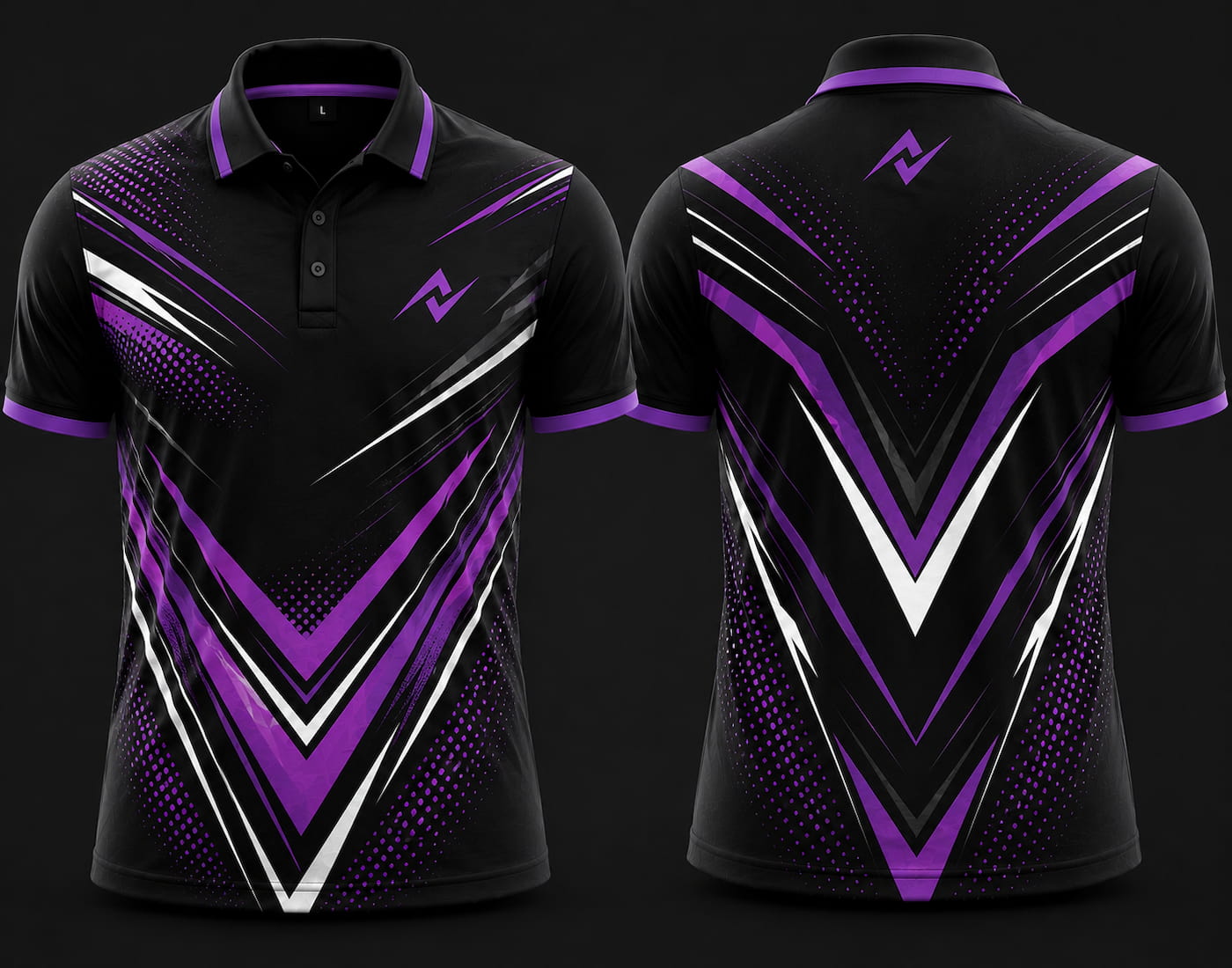 Premium black, purple, and white chevron cricket polo collar jersey front and back view featuring logo placement on side chest and back neck area.