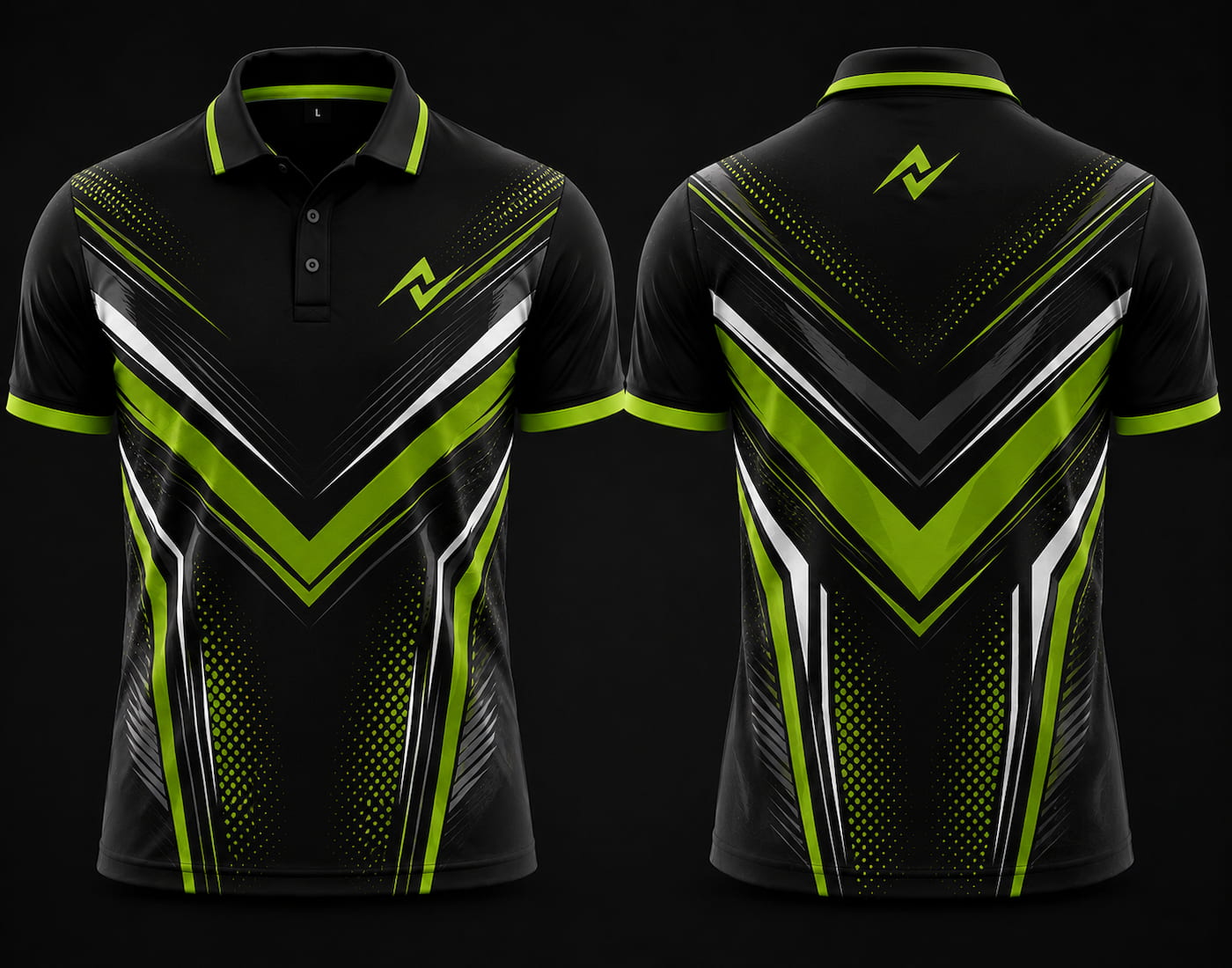 Premium black, neon green, and white cricket polo collar jersey front and back view featuring logo placement on side chest and back neck area.