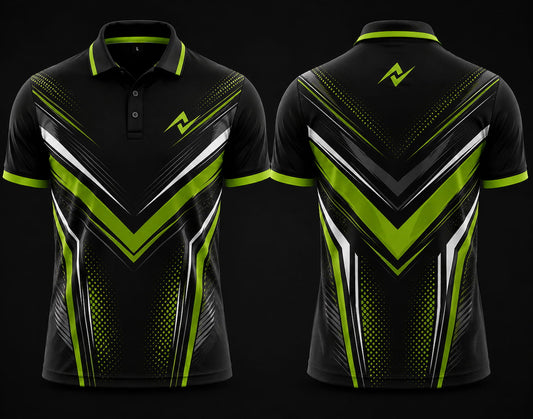 Premium black, neon green, and white cricket polo collar jersey front and back view featuring logo placement on side chest and back neck area.