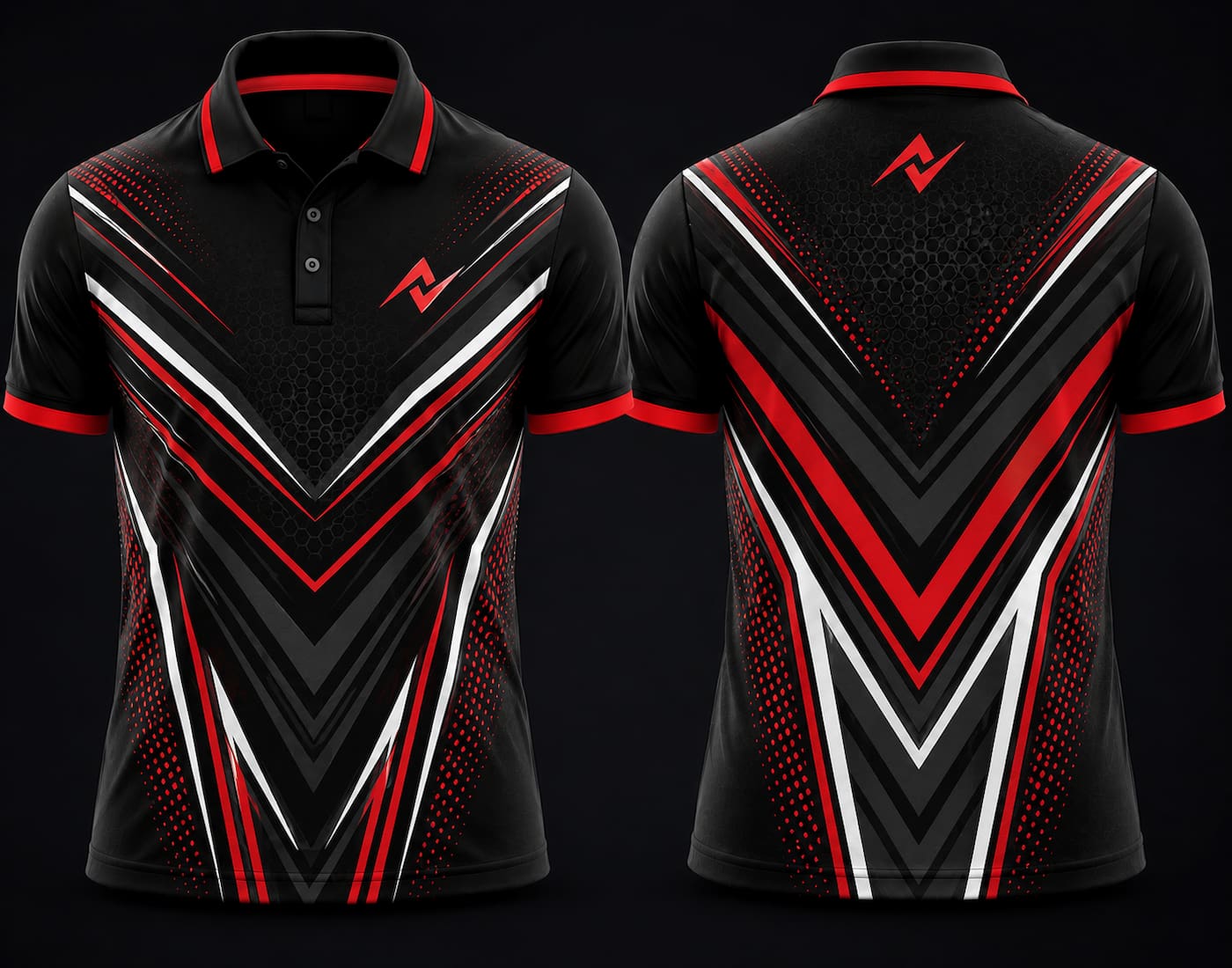 Premium black, red, and white cricket polo collar jersey front and back view featuring logo placement on side chest and back neck area.