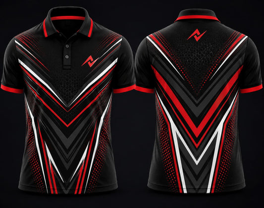 Premium black, red, and white cricket polo collar jersey front and back view featuring logo placement on side chest and back neck area.