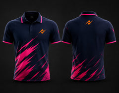 Premium navy blue and pink cricket polo collar jersey front and back view with logo on side chest and lower back neck area.