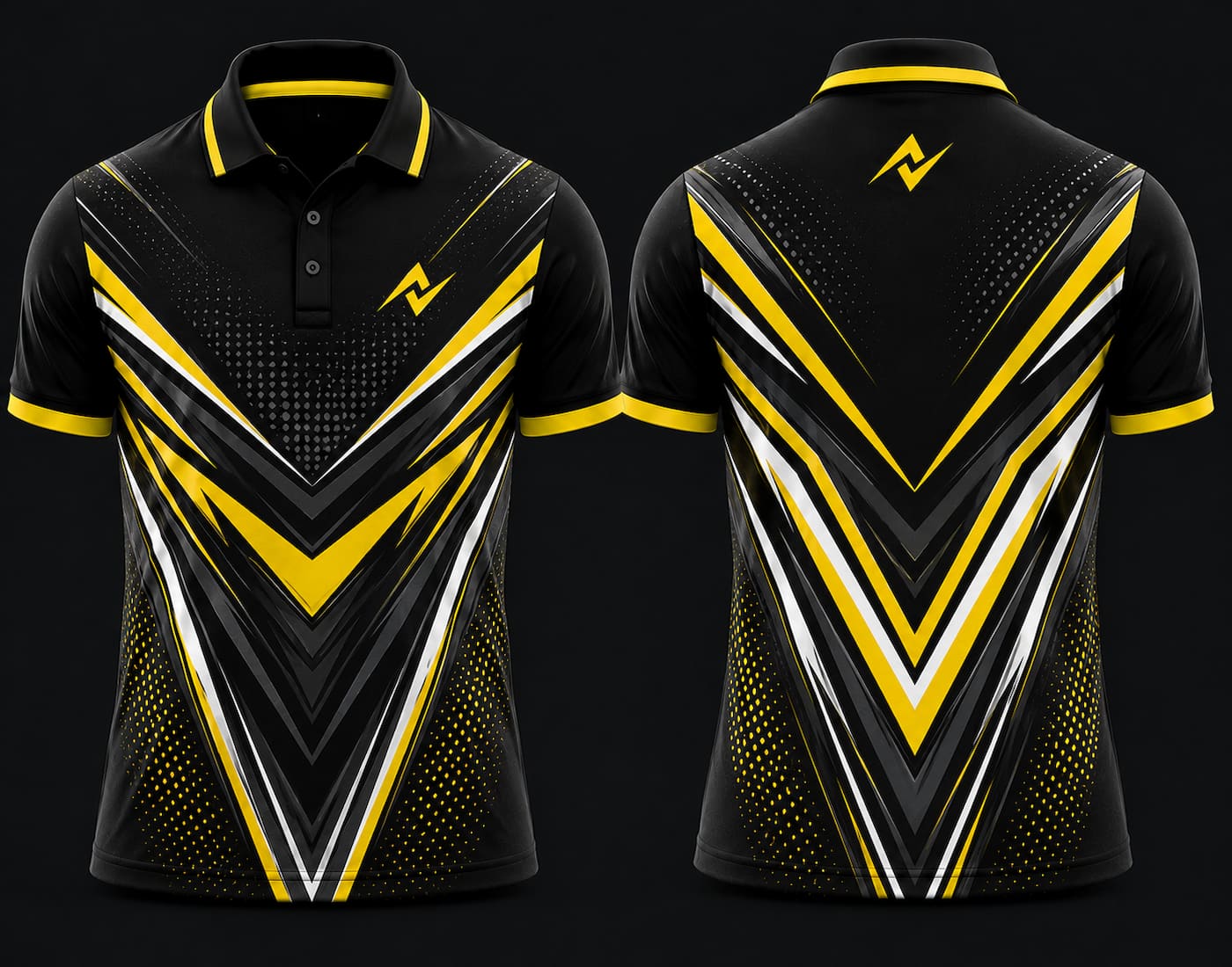Premium black, yellow, and white chevron cricket polo collar jersey front and back view featuring logo placement on side chest and back neck area.