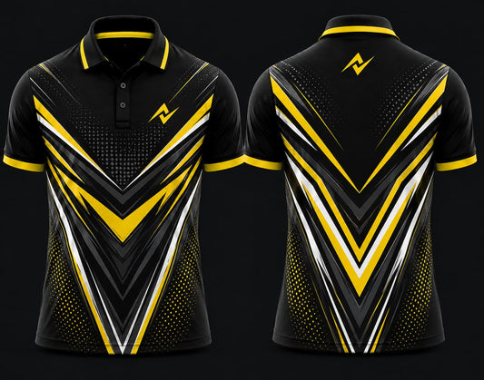Premium black, yellow, and white chevron cricket polo collar jersey front and back view featuring logo placement on side chest and back neck area.