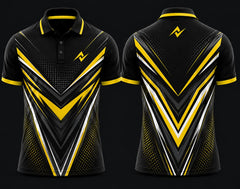 Premium black, yellow, and white chevron cricket polo collar jersey front and back view featuring logo placement on side chest and back neck area.